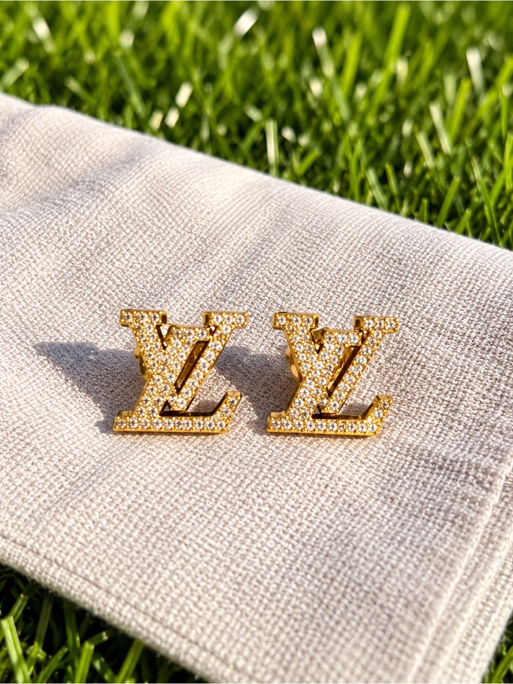 Louis Vuitton Gold Crystal LV Logo Stud Earrings